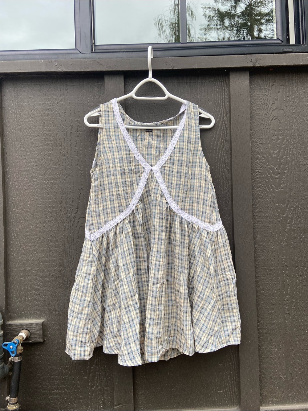 Girls Plaid Summer Dress with Lace Trim - Blue & Cream